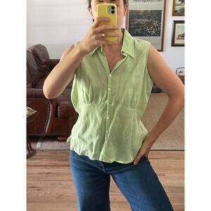 Vintage Lime Green Linen Button Up Collared Tank Size Large